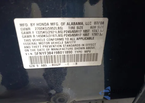 2009 Honda Pilot Ex из США, поврежденный, VIN 5FNYF38419B011890